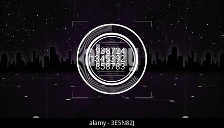 Hovering white HUD projecting numeric readouts over reflective plane under starry sky, skyline Stock Photo