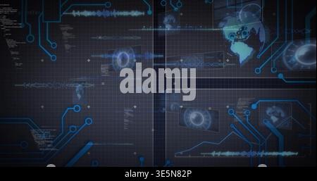Displaying stylized HUD centering on virtual dashboard, showing grid, radar, globe icons Stock Photo