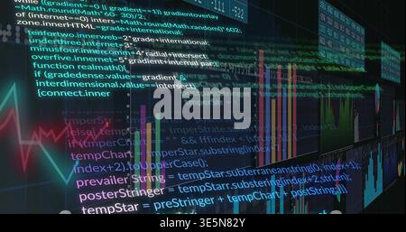 Displaying translucent source code and charts scrolling across digital dashboard, with candlesticks Stock Photo