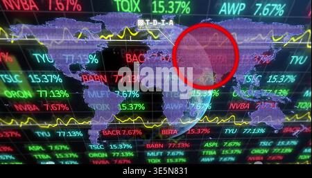 Displaying purple world map on market-screen with neon tickers, yellow wave and red highlight Stock Photo