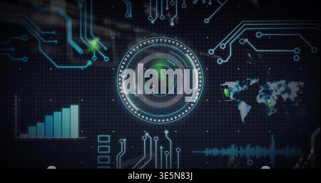 Displaying central HUD projecting on dark grid, with circuit traces, bar chart, world map Stock Photo