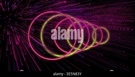 Glowing concentric neon rings receding diagonally through digital void, with streaks and particles Stock Photo
