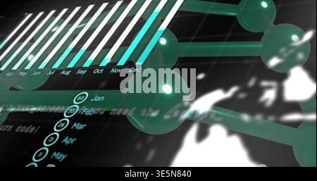 Forming teal spherical nodes connecting with rods on virtual dashboard, showing bar chart and map Stock Photo