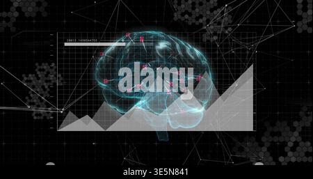 Displaying translucent 3D brain glowing cyan in digital dashboard, marking magenta nodes and chart Stock Photo