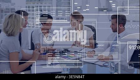 Discussing team of five in business attire analyzing data at glass table with laptops, charts, HUD Stock Photo