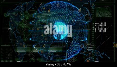 Rotating holographic 3D globe dominating HUD, displaying neon map, data panels, hex nodes, alerts Stock Photo