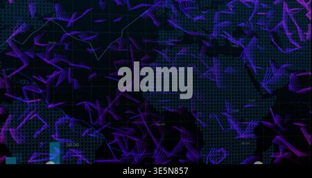 Displaying dotted Africa map pulsing with purple magenta data trails on virtual dashboard, grid Stock Photo