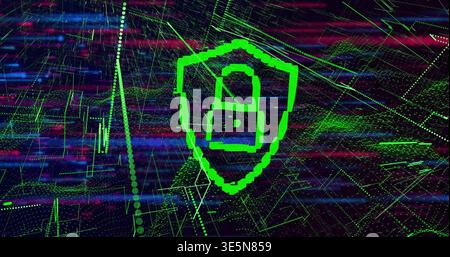 Pulsing neon-green pixelated shield displaying padlock in cyberspace, wireframe grid and streaks Stock Photo