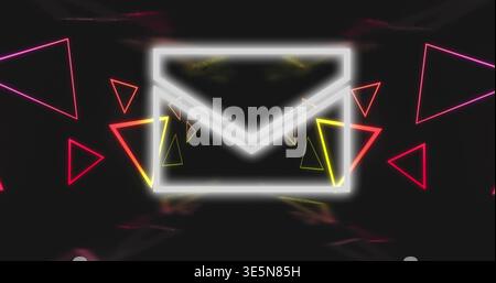 Glowing white envelope floating in dark void amid colorful neon triangles, soft glow, light streaks Stock Photo