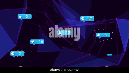 Floating cluster of social badges creating glowing virtual network with triangles and magenta lines Stock Photo