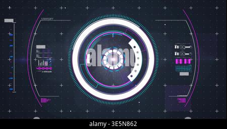 Rotating central circular HUD reticle emitting energy on dark grid, showing data panels Stock Photo