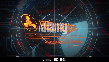 Displaying HUD alert pulsing on console, showing bright RED ALERT and IMMEDIATE ACTION REQUIRED Stock Photo