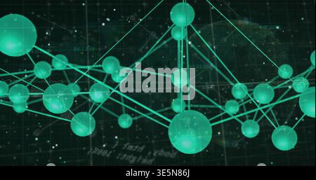 Displaying teal spheres linking via triangular glowing edges in virtual grid, showing data overlays Stock Photo