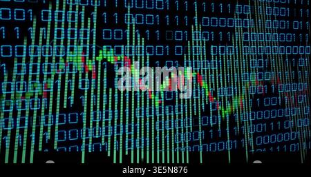 Rendering data display centered on screen, showing blue binary digits, green bars, red green line Stock Photo