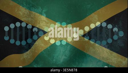 Displaying stylized Jamaican flag motif over marbled digital poster, with mirrored DNA strands Stock Photo