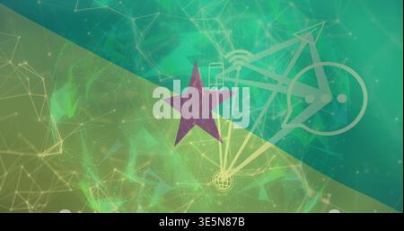 Floating purple five-point star hovering in split digital background, showing bicycle schematic hub Stock Photo