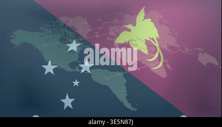 Showing diagonal teal-purple split with Americas map, five pale stars, lime palm-tree emblem, nodes Stock Photo