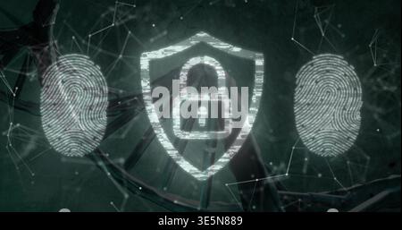 Displaying glowing central shield emblem on teal backdrop, showing padlock, fingerprints, network Stock Photo