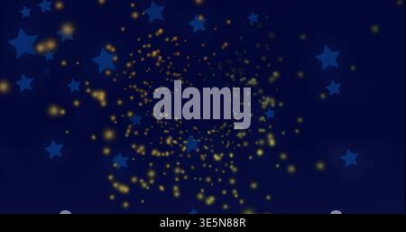 Swirling golden particle spiral forming vortex in deep navy-blue backdrop, with blue stars Stock Photo