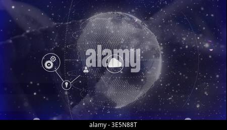 Displaying large dotted globe rotating in deep space, showing cloud, gear, idea, user icons Stock Photo