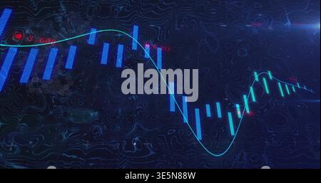 Displaying financial chart visualization on dark screen, showing blue bars, cyan line, red markers Stock Photo