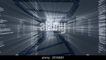 Spiraling stylized DNA helix moving through virtual data tunnel, showing floating code columns Stock Photo