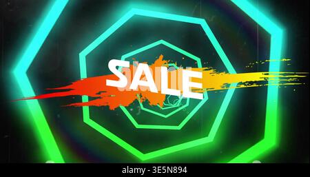 Displaying bold SALE text hovering over orange-yellow paint splash on digital ad, neon hexagons Stock Photo