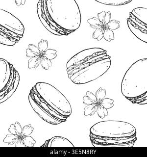 Seamless pattern with macarons, almond flowers. Hand drawn vector background. Stock Vector