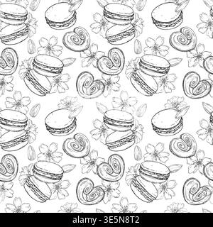 Seamless pattern with macarons, almond flowers. Hand drawn vector background. Stock Vector