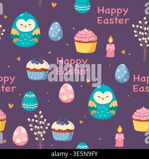 Rich Easter pattern with blue bird berry cupcakes and willow on dark purple Stock Vector
