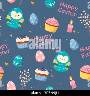 Deep blue seamless background with Easter bird festive food and spring willow Stock Vector