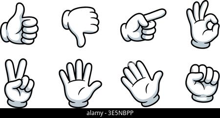 Cartoon Gloved Hands Gestures Set – White Gloves Vector Icons Collection Stock Vector