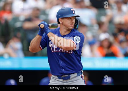 Texac Rangers Texas Rangers' Wyatt Langford waits on a pitch during a baseball game ...