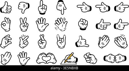 Cartoon Gloved Hands Gestures Set – White Gloves Vector Icons Collection Stock Vector