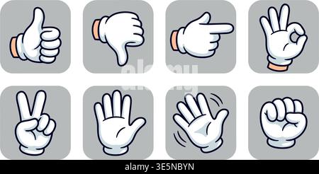 Cartoon Gloved Hands Gestures Set – White Gloves Vector Icons Collection Stock Vector