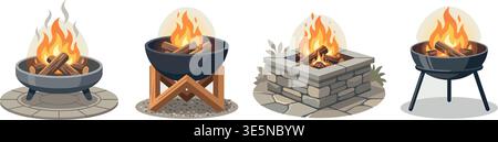 Fire Pit Icons Set – Outdoor Fireplace Flat Vector Collection Stock Vector