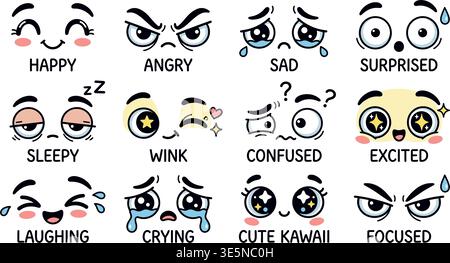 Cartoon Faces Expressions Set – Funny Comic Emotions Vector Characters Stock Vector