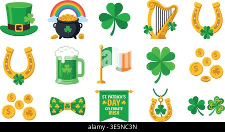 St. Patrick’s Day Icons Set – Colorful Flat Holiday Vector Collection Stock Vector