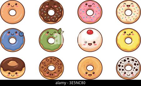 Cute Donuts Characters Set – Funny Cartoon Dessert Vector Collection Stock Vector