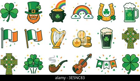 St. Patrick’s Day Icons Set – Colorful Flat Holiday Vector Collection Stock Vector
