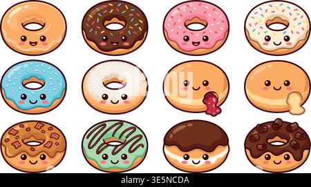 Cute Donuts Characters Set – Funny Cartoon Dessert Vector Collection Stock Vector