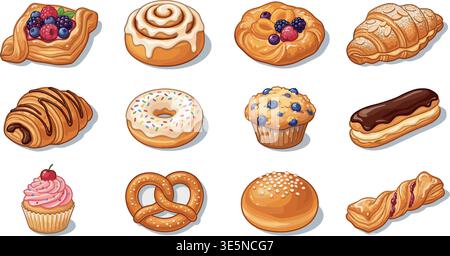 Bakery Pastries Icons Set – 12 Glossy Dessert Vector Illustrations Stock Vector