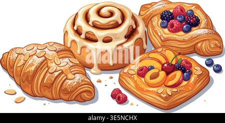 Glossy Pastries Set – Danish, Cinnamon Roll and Croissant Vector Illustration Stock Vector
