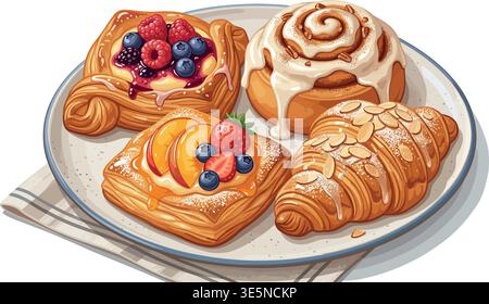 Glossy Pastries Set – Danish, Cinnamon Roll and Croissant Vector Illustration Stock Vector