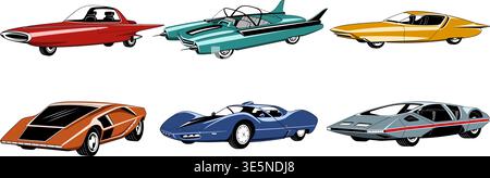 Vintage Futuristic Cars, Color vector cliparts isolated on white. Stock Vector
