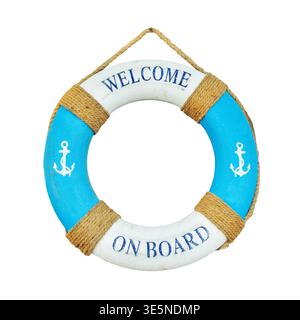 Blue and white lifebuoy with text Welcome on borard, nautical decor, welcome sign isolated on white background Stock Photo