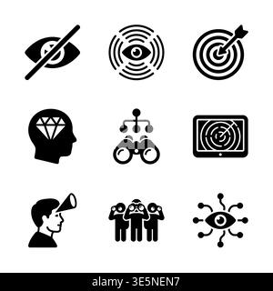 Vision related icons set, observing and attention theme, silhouette style Stock Vector