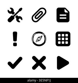 Set of nine basic black glyph icons on white background Stock Vector