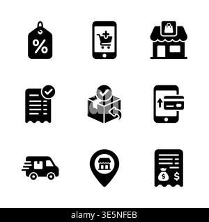 E-commerce and Online Shopping Black Glyph Icon Set Stock Vector