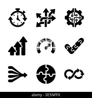 Set of black linear icons related to business processes Stock Vector